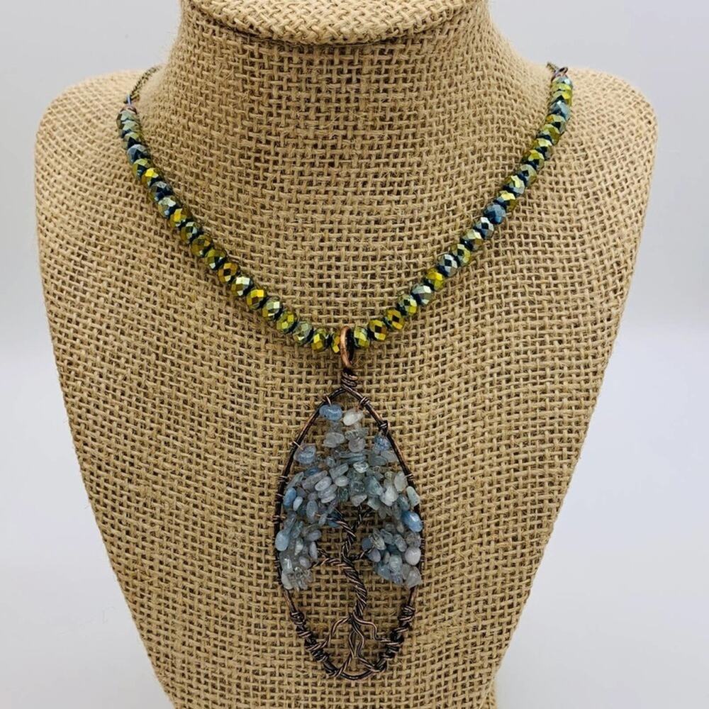 TREE of like pendant necklace. Aquamarine pendant antique copper‎